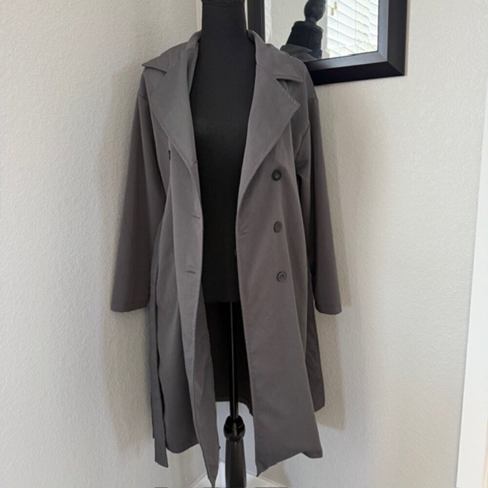 MAEVA Double Breasted Trench Coat Charcoal Gray Lightweight Small - Picture 8 of 16